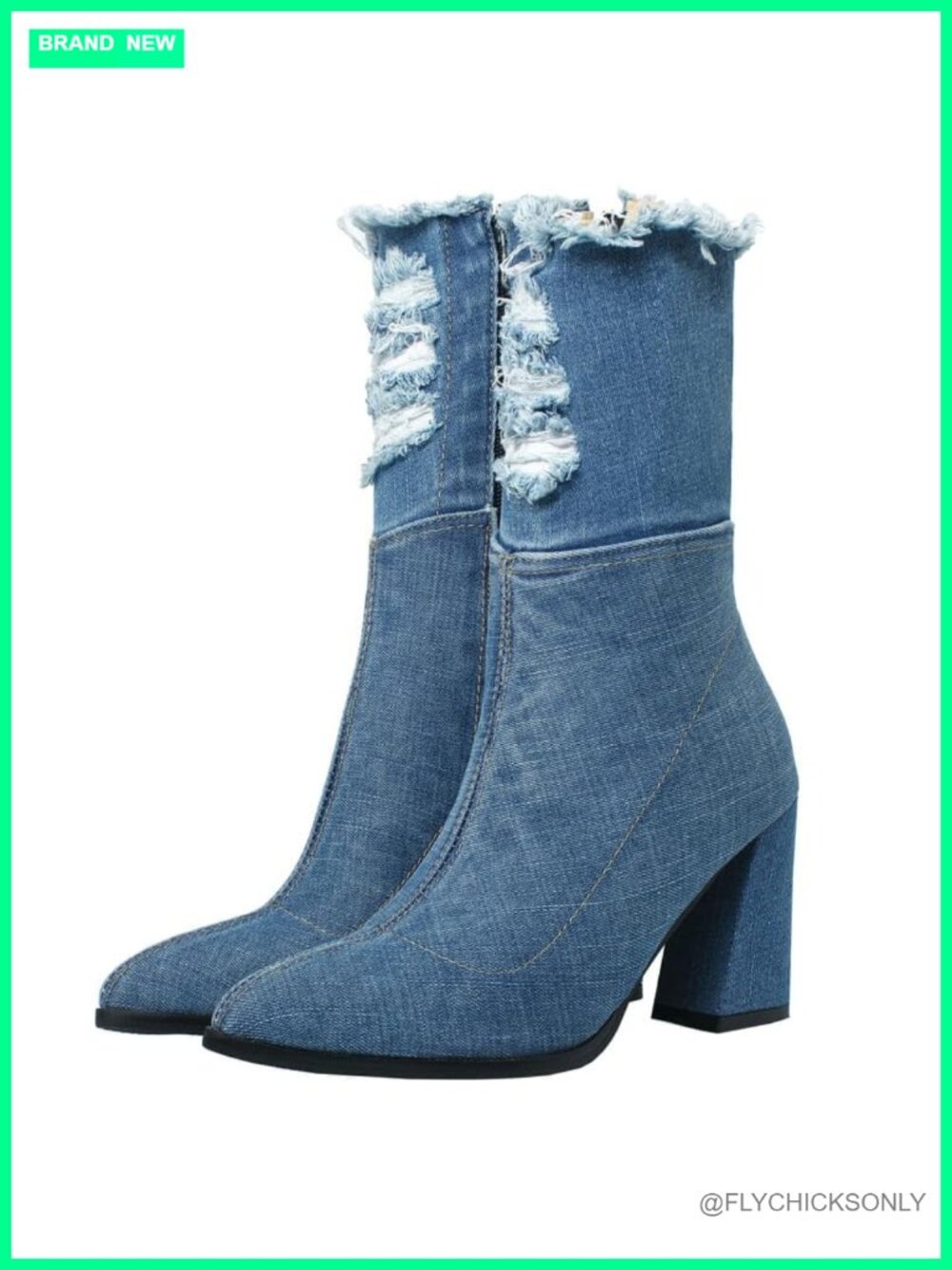 MAVMAX Denim Ankle Boots Pointed Toe Chunky Heel Side Zipper Women's